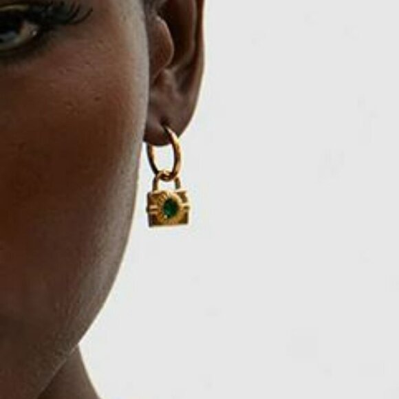 Emerald Green Cubic Zirconia 18K Gold Plated Lock Dangle Earrings NEW - Picture 6 of 11